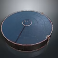 Large Circular Industrial Storage Tank With Blue Top Metal Railing And Central Component
