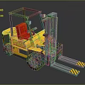Yellow Forklift With Red Seat Grey Frame And Warning Striped Forks