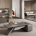 Modern Office Desk With Sleek Design And Bookshelf And Potted Plant In Contemporary Workspace