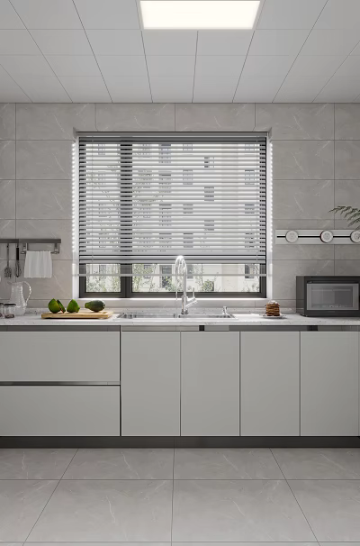 Modern Kitchen Interior With White Cabinets Stainless Steel Appliances Tiled Floor And Window Blinds 3d model