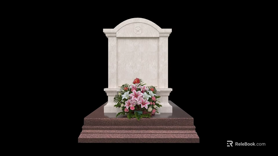 White Marble Tombstone with Arched Top Brown Platform Steps and Front Pink Red Floral Arrangement 3d model 