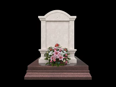 White Marble Tombstone with Arched Top Brown Platform Steps and Front Pink Red Floral Arrangement 3d model