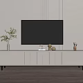 Modern White TV Stand With TV Decorative Items And Light Vertical Striped Wall
