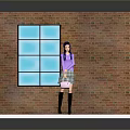 Woman In Purple Top Plaid Skirt With Pink Handbag By Brick Wall Window Wooden Floor