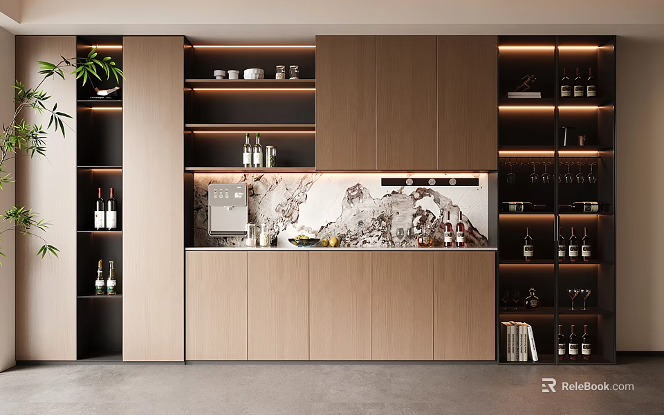 Modern Wooden Wine Cabinet With Glass Shelves Wine Bottles And Wine Glasses 3d model 