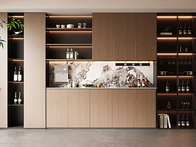 Modern Wooden Wine Cabinet With Glass Shelves Wine Bottles And Wine Glasses 3d model