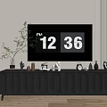 Modern Black TV Stand With Vertical Panel Design Floor Lamp Plant And Decorative Items