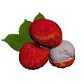 Fresh Lychee Fruits with Rough Red Skin Peeled White Flesh and Green Leaves