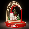 Christmas Display With Red Arched Frame Lights Decorated Tree And Merry Sign