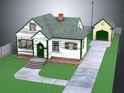 Cartoon Scene Of White House With Green Roof Green Door Steps Garage Lawn And Driveway 3d model