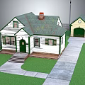 Cartoon Scene Of White House With Green Roof Green Door Steps Garage Lawn And Driveway
