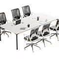 Rectangular White Conference Table With Six Mesh Back Office Chairs And Laptop On Top 3d model