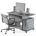 Wooden Office Desk Setup With Computer Monitor Keyboard Mouse Speakers And Chair