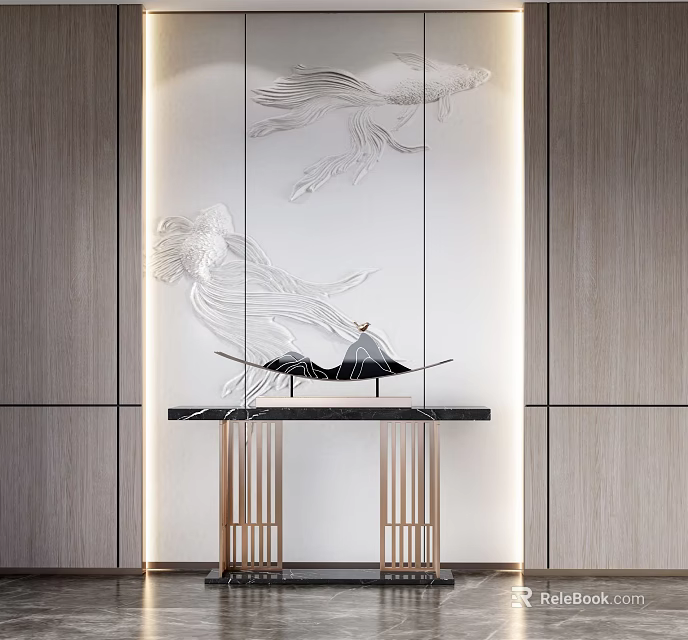 Modern Console Table With Wooden Walls Glass Panel White Patterns Black Countertop And Golden Legs 3d model 
