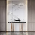 Modern Console Table With Wooden Walls Glass Panel White Patterns Black Countertop And Golden Legs