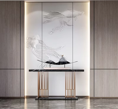 Modern Console Table With Wooden Walls Glass Panel White Patterns Black Countertop And Golden Legs 3d model