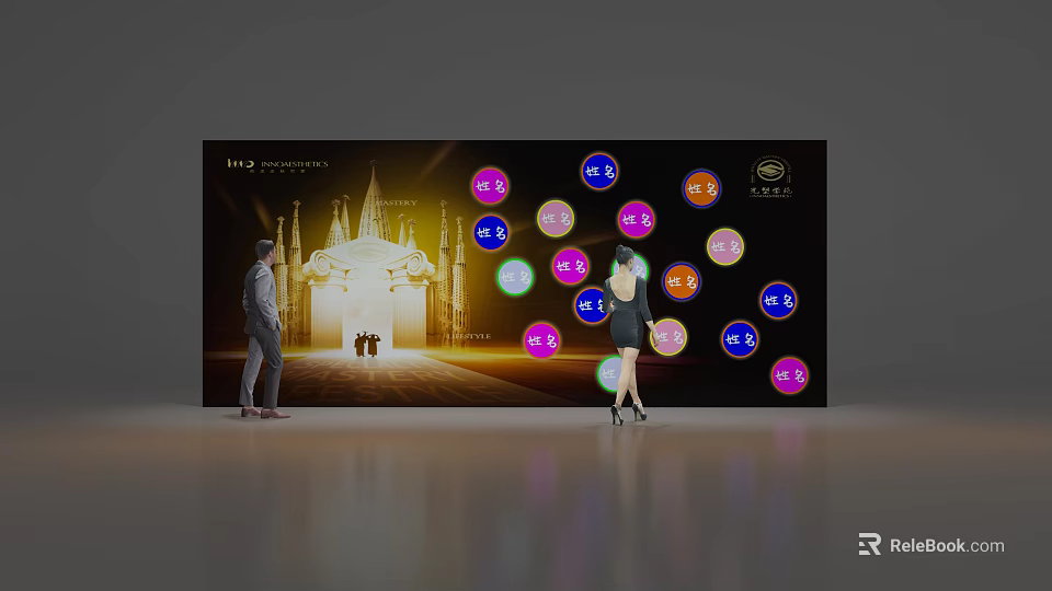 Interactive Check-in Event With Colorful Icons On Large Screen And Attendees 3d model