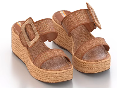 Brown Woven Open Toe Sandals With Buckle Detail And Platform Sole 3d model