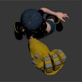 Anime Style Character With Blue Short Hair Black Top Denim Shorts And Yellow Mechanical Glove