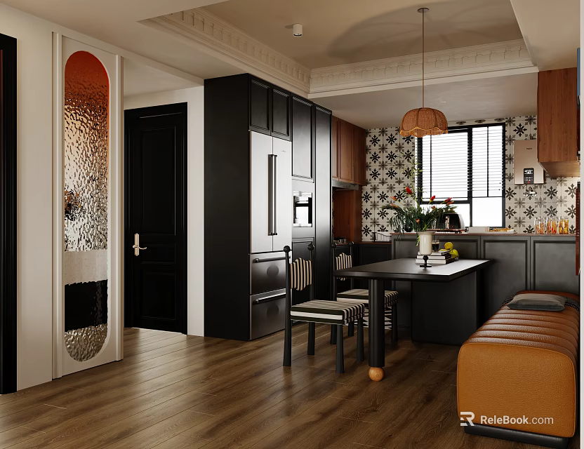 Modern Kitchen Interior With Black Cabinets Dining Table Orange Bench And Pendant Light 3d model 