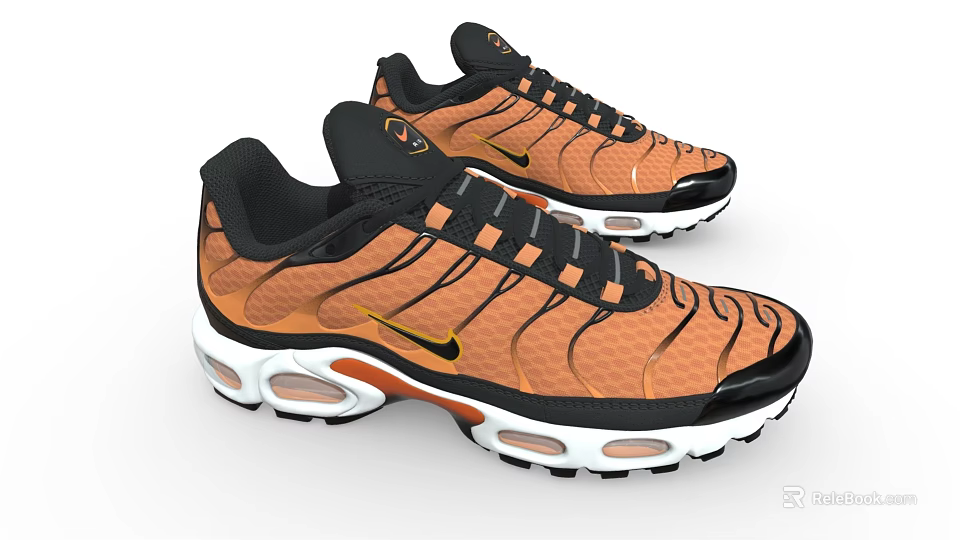 Orange Black Running Shoes with Wave Like Patterns Air Cushion Sole and Yellow Logo 3d model 