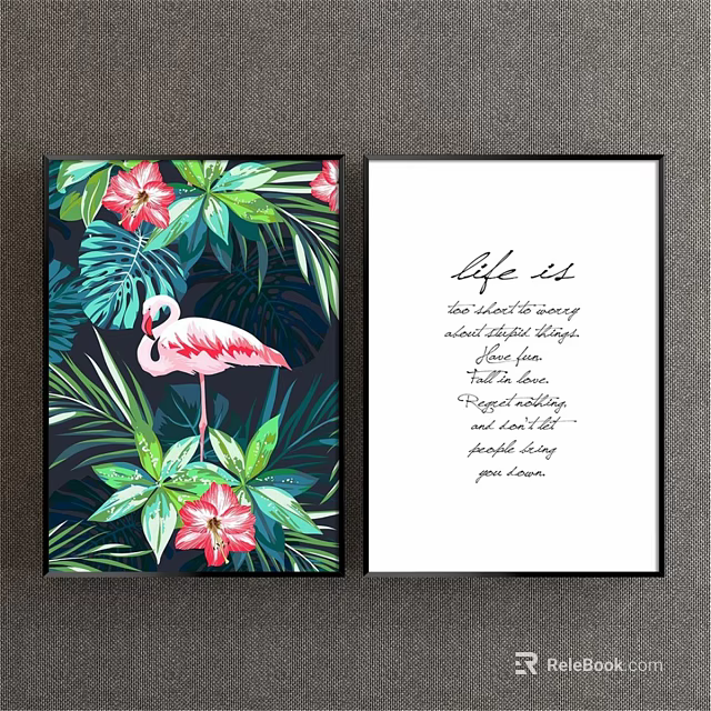 Pink Flamingo Animal Painting With Tropical Leaves And Pink Flowers On Dark Background 3d model 