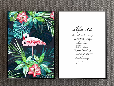 Pink Flamingo Animal Painting With Tropical Leaves And Pink Flowers On Dark Background 3d model