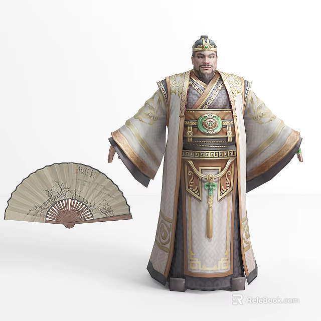 Ancient Official Game Movie Character With Traditional Gold Green Outfit And Jade Pendant Fan 3d model 