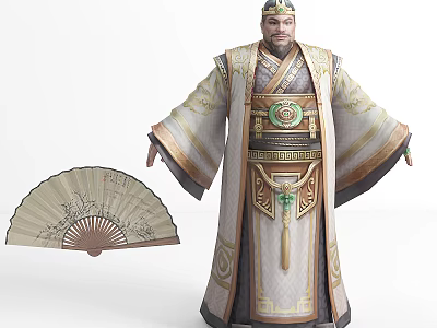Ancient Official Game Movie Character With Traditional Gold Green Outfit And Jade Pendant Fan 3d model