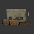 Outdoor Market Stall With Canopy Roof Wooden Barrels Crates Colored Goods And Lamp Post