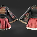 Traditional Chinese Clothing With Black Embroidered Top Wide Sleeves And Red Skirt