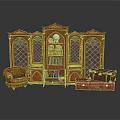 Classic Architectural Interior with Ornate Wooden Bookcase Leather Chair and Vintage Trunks