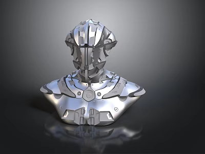 Futuristic Mechanical Character Bust With Silver Metal Intricate Design And Reflective Surface 3d model