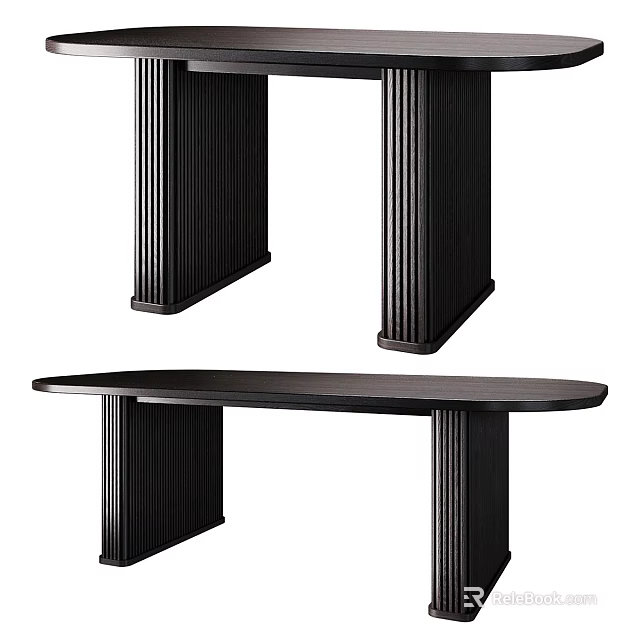 Modern Minimalist Oval Dining Table With Fluted Column Legs And Dark Wood Surface 3d model 