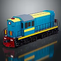 Blue and Yellow Train Model with Red Front Gray Roof on Reflective Surface 3d model