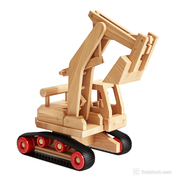Wooden Block Excavator Toy With Tracks And Red Wheels 3d model 
