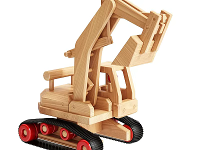 Wooden Block Excavator Toy With Tracks And Red Wheels 3d model