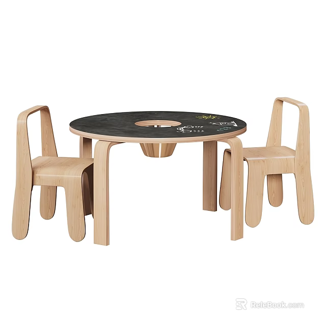 Children's Round Table And Chair Set With Wooden Chairs And Black Tabletop 3d model 