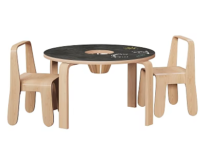 Children's Round Table And Chair Set With Wooden Chairs And Black Tabletop 3d model