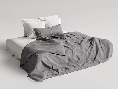 Minimalist Double Bed With Gray Duvet White Pillows And Soft Neutral Bedding 3d model
