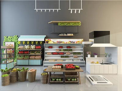 Modern Multi Tiered Display Shelves For Fruits And Vegetables In Retail Store With Open Design 3d model