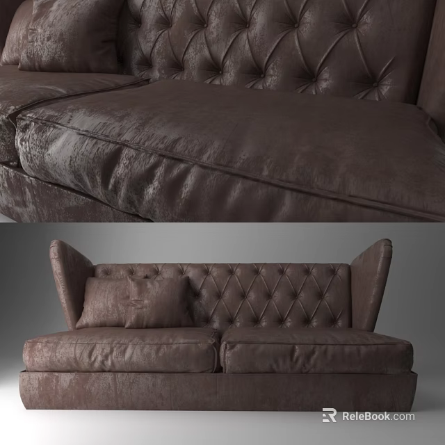 Brown Leather Two Seater Sofa With Tufted Design And Wingback Cushions 3d model