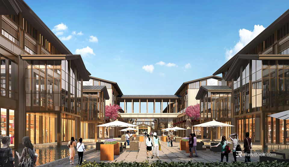 Vibrant Commercial Street With Modern Traditional Buildings Pedestrians And Flowering Trees 3d model 