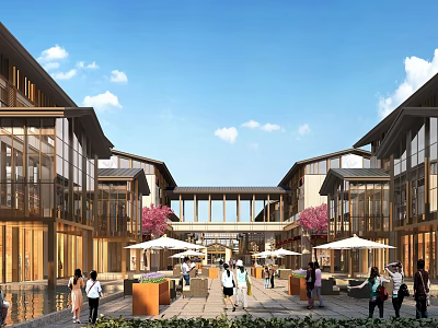 Vibrant Commercial Street With Modern Traditional Buildings Pedestrians And Flowering Trees 3d model