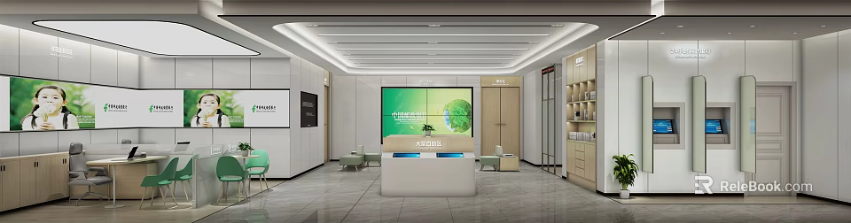 Modern Service Hall Interior With Large Screen Service Counter Green Plants And Sofas 3d model 