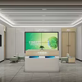 Modern Service Hall Interior With Large Screen Service Counter Green Plants And Sofas 3d model