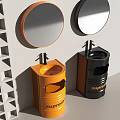 Modern Washbasin Design With Orange Black Supreme Logo Round Mirrors And White Shelf