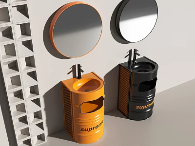 Modern Washbasin Design With Orange Black Supreme Logo Round Mirrors And White Shelf 3d model