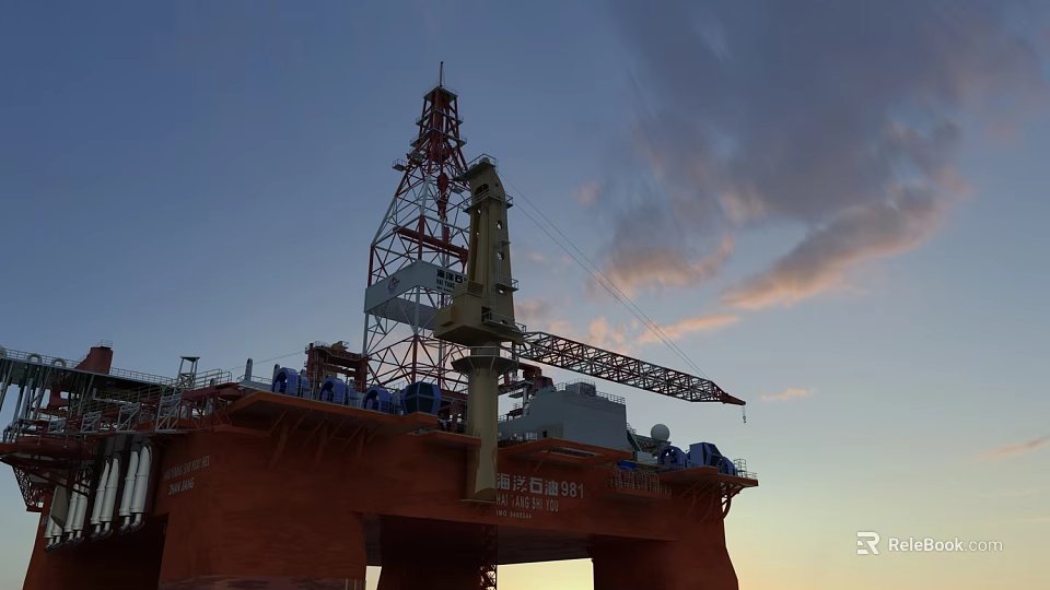 Offshore Oil Drilling Platform Industrial Equipment with Drilling Tower and Crane under Sunset Sky 3d model 