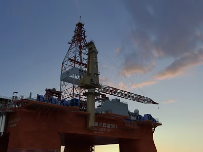 Offshore Oil Drilling Platform Industrial Equipment with Drilling Tower and Crane under Sunset Sky 3d model